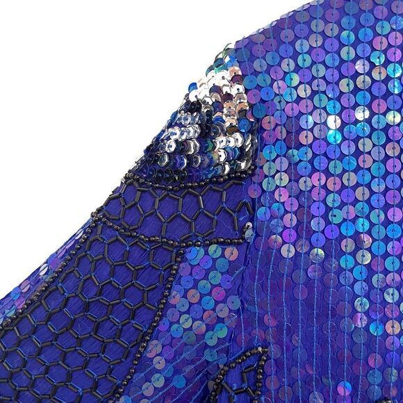 Vintage Stenay Silk Sequin Top V-Neck Short Sleeve Blue Small 80s - Picture 5 of 8